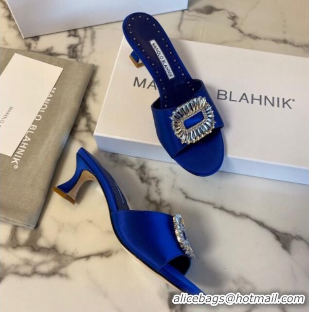 Grade Quality Manolo Blahnik Classic Silk Heel Slide Sandals 5.5cm with Crystals Blue 215104