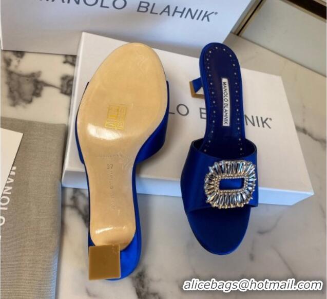 Grade Quality Manolo Blahnik Classic Silk Heel Slide Sandals 5.5cm with Crystals Blue 215104