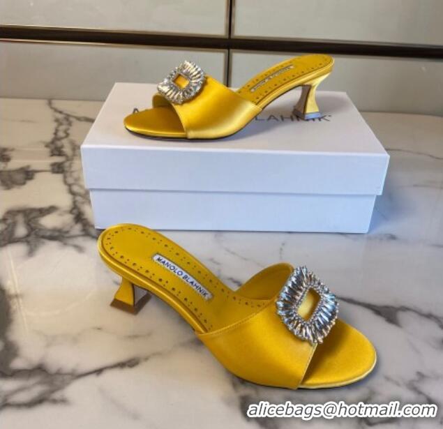 Shop Duplicate Manolo Blahnik Classic Silk Heel Slide Sandals 5.5cm with Crystals Yellow 1215105