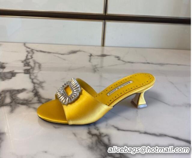 Shop Duplicate Manolo Blahnik Classic Silk Heel Slide Sandals 5.5cm with Crystals Yellow 1215105