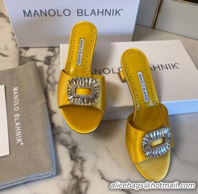 Shop Duplicate Manolo Blahnik Classic Silk Heel Slide Sandals 5.5cm with Crystals Yellow 1215105