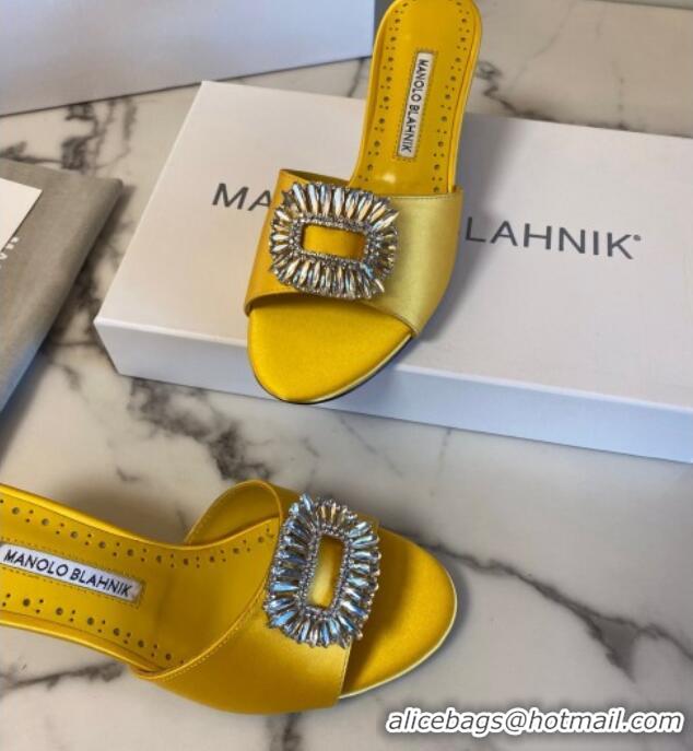 Shop Duplicate Manolo Blahnik Classic Silk Heel Slide Sandals 5.5cm with Crystals Yellow 1215105