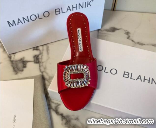 Low Price Manolo Blahnik Classic Silk Heel Slide Sandals 5.5cm with Crystals Red 1215106