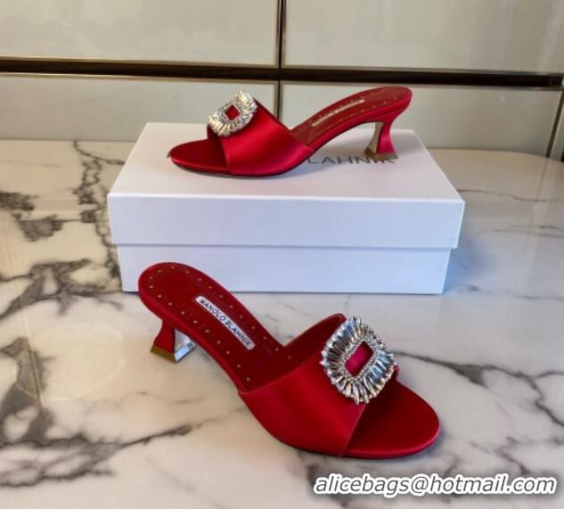 Low Price Manolo Blahnik Classic Silk Heel Slide Sandals 5.5cm with Crystals Red 1215106