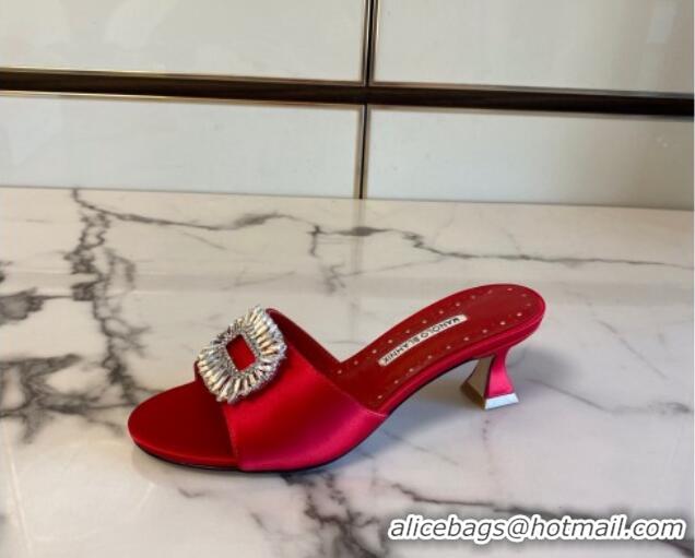 Low Price Manolo Blahnik Classic Silk Heel Slide Sandals 5.5cm with Crystals Red 1215106