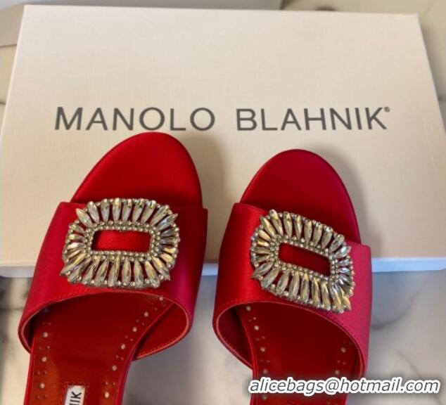 Low Price Manolo Blahnik Classic Silk Heel Slide Sandals 5.5cm with Crystals Red 1215106