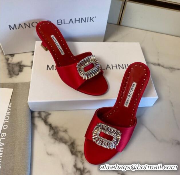 Low Price Manolo Blahnik Classic Silk Heel Slide Sandals 5.5cm with Crystals Red 1215106