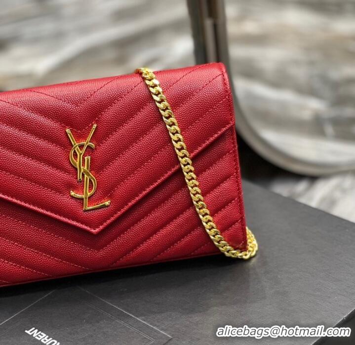 Top Quality SAINT LAUREN CASSANDRE MATELASSE CHAIN WALLET IN GRAIN DE POUDRE EMBOSSED LEATHER 377828 RED