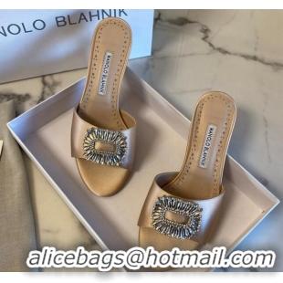 Best Price Manolo Blahnik Classic Silk Heel Slide Sandals 5.5cm with Crystals Beige 1215107