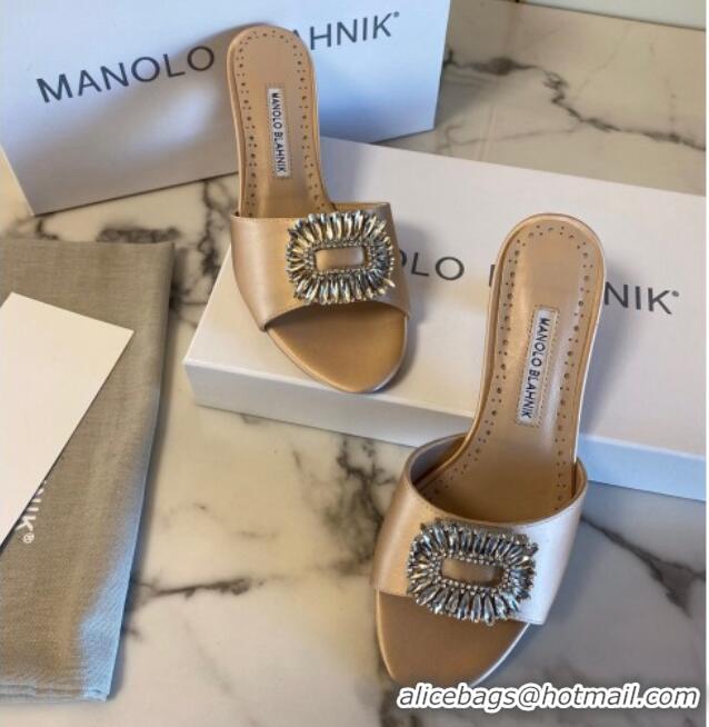 Best Price Manolo Blahnik Classic Silk Heel Slide Sandals 5.5cm with Crystals Beige 1215107