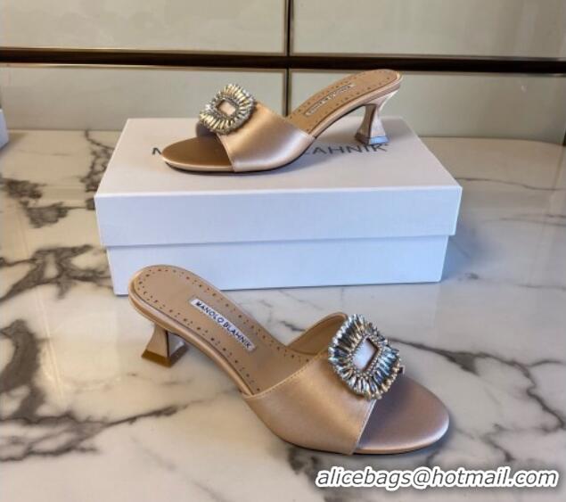 Best Price Manolo Blahnik Classic Silk Heel Slide Sandals 5.5cm with Crystals Beige 1215107