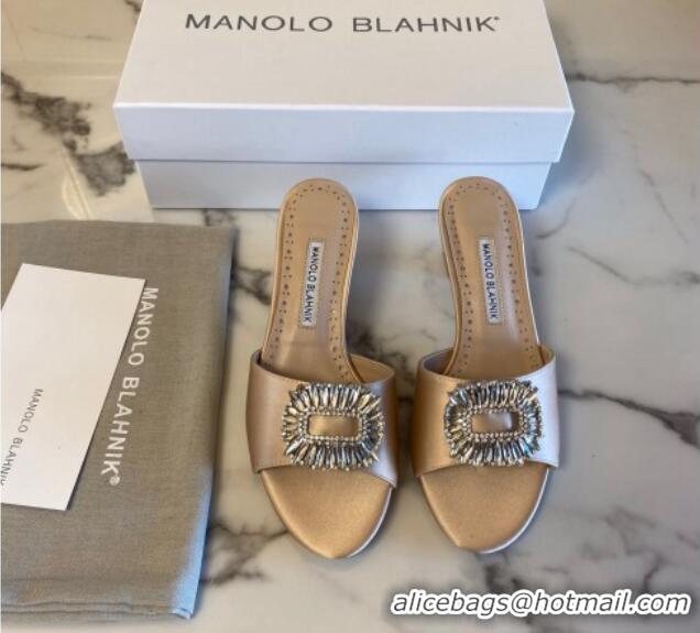 Best Price Manolo Blahnik Classic Silk Heel Slide Sandals 5.5cm with Crystals Beige 1215107