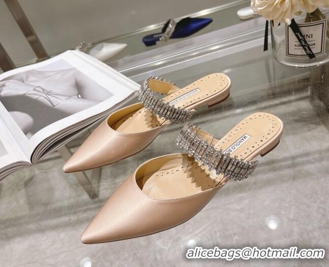 Good Quality Manolo Blahnik Lutara Satin Crystal Embellished Flat Mules Beige 1215109