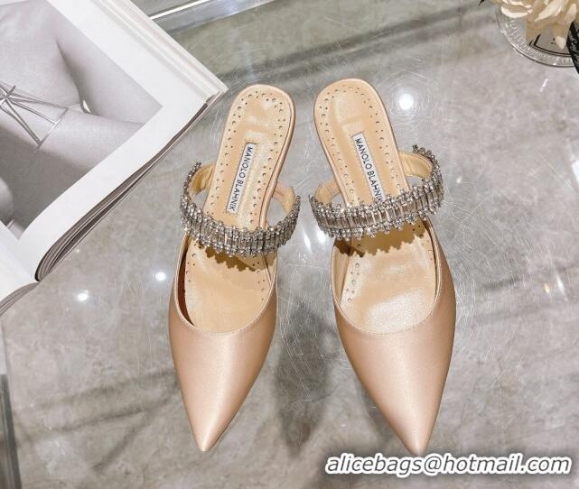 Good Quality Manolo Blahnik Lutara Satin Crystal Embellished Flat Mules Beige 1215109