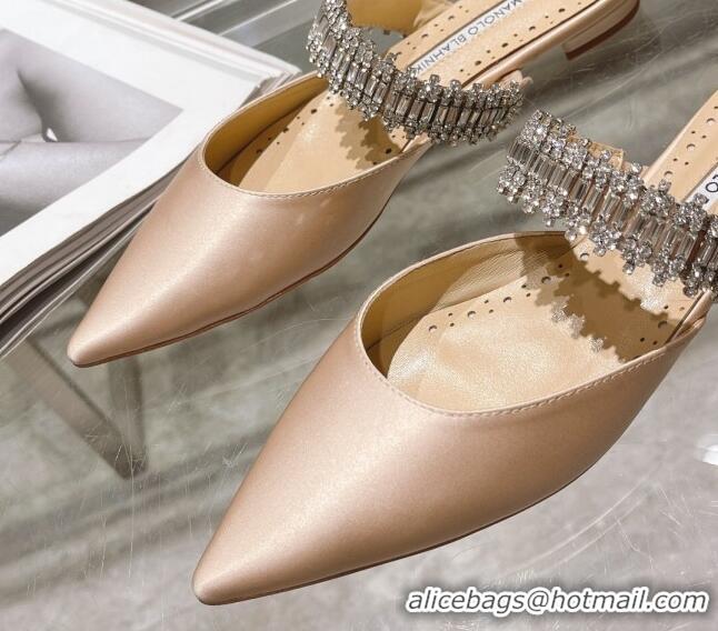 Good Quality Manolo Blahnik Lutara Satin Crystal Embellished Flat Mules Beige 1215109