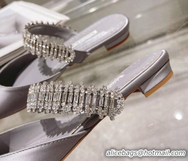 Durable Manolo Blahnik Lutara Satin Crystal Embellished Flat Mules Grey 1215110