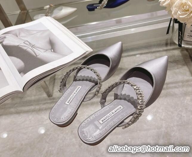 Durable Manolo Blahnik Lutara Satin Crystal Embellished Flat Mules Grey 1215110