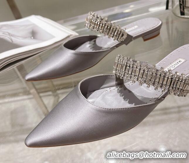 Durable Manolo Blahnik Lutara Satin Crystal Embellished Flat Mules Grey 1215110