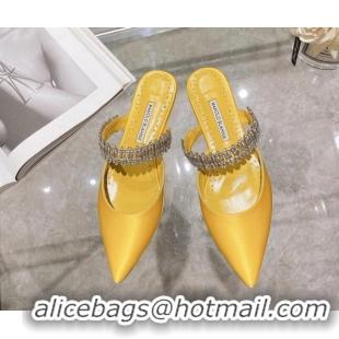 Best Grade Manolo Blahnik Lutara Satin Crystal Embellished Flat Mules Yellow 1215111