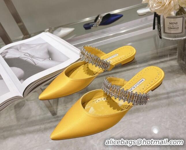 Best Grade Manolo Blahnik Lutara Satin Crystal Embellished Flat Mules Yellow 1215111