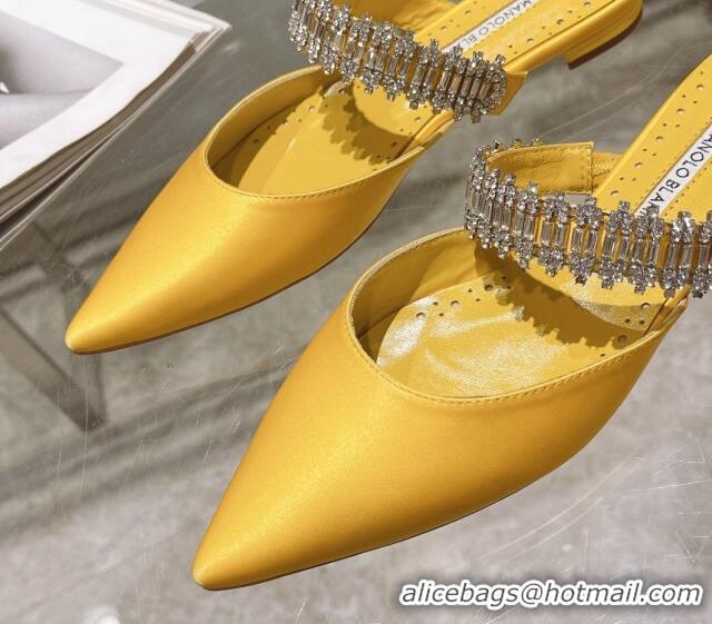 Best Grade Manolo Blahnik Lutara Satin Crystal Embellished Flat Mules Yellow 1215111