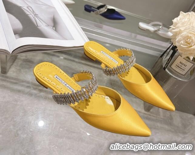 Best Grade Manolo Blahnik Lutara Satin Crystal Embellished Flat Mules Yellow 1215111