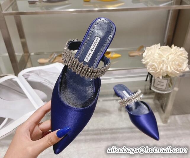 Low Cost Manolo Blahnik Lutara Satin Crystal Embellished Flat Mules Blue 1215113