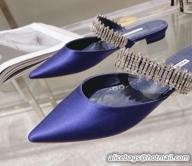 Low Cost Manolo Blahnik Lutara Satin Crystal Embellished Flat Mules Blue 1215113