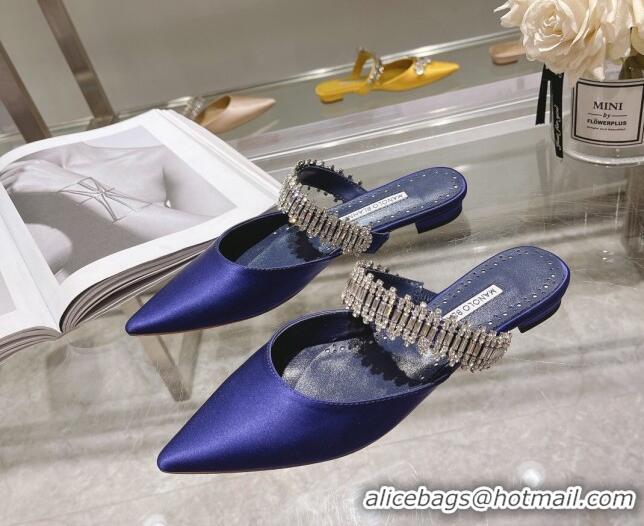 Low Cost Manolo Blahnik Lutara Satin Crystal Embellished Flat Mules Blue 1215113