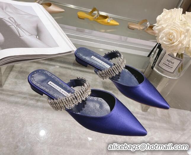 Low Cost Manolo Blahnik Lutara Satin Crystal Embellished Flat Mules Blue 1215113