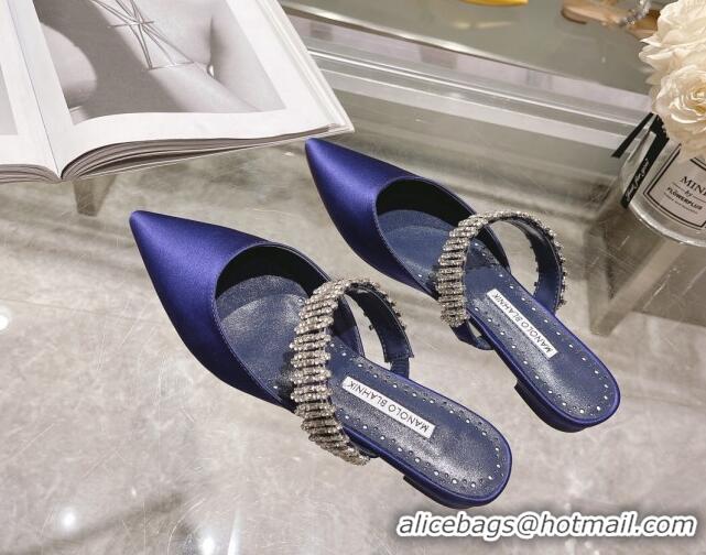 Low Cost Manolo Blahnik Lutara Satin Crystal Embellished Flat Mules Blue 1215113