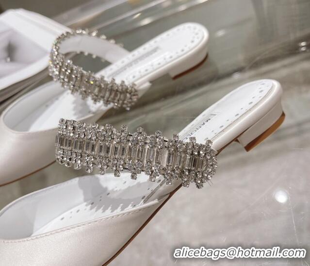 Luxurious Manolo Blahnik Lutara Satin Crystal Embellished Flat Mules White 1215114