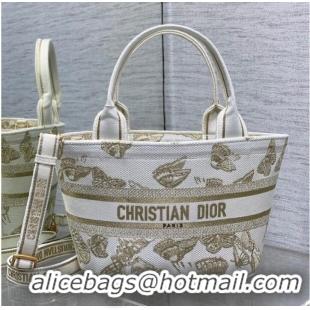 Buy Fashionable Dior HAT BASKET BAG White and Gold-tone Gradient Butterflies Embroidery M1328C