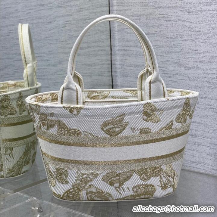 Buy Fashionable Dior HAT BASKET BAG White and Gold-tone Gradient Butterflies Embroidery M1328C