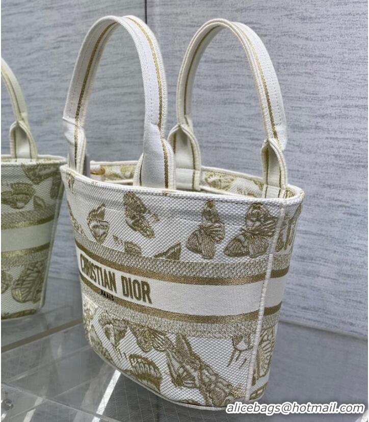 Buy Fashionable Dior HAT BASKET BAG White and Gold-tone Gradient Butterflies Embroidery M1328C