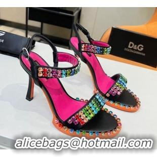 Charming Dolce & Gabbana Multicolor Crystals Sandals in Fabric and Leather Black 215089