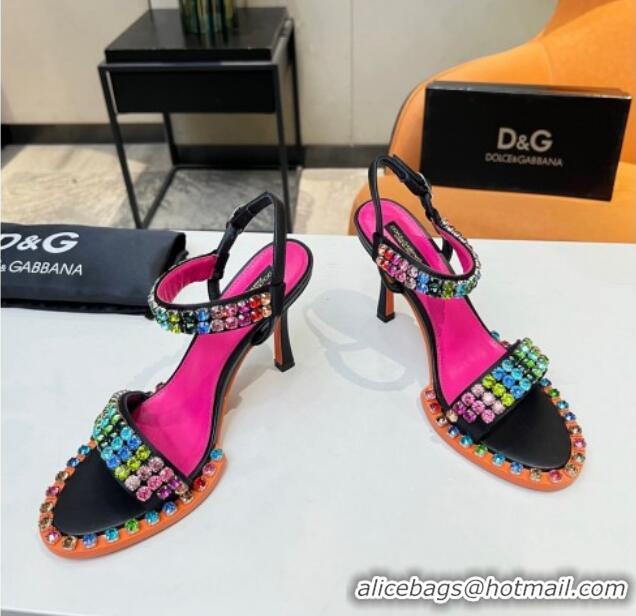 Charming Dolce & Gabbana Multicolor Crystals Sandals in Fabric and Leather Black 215089