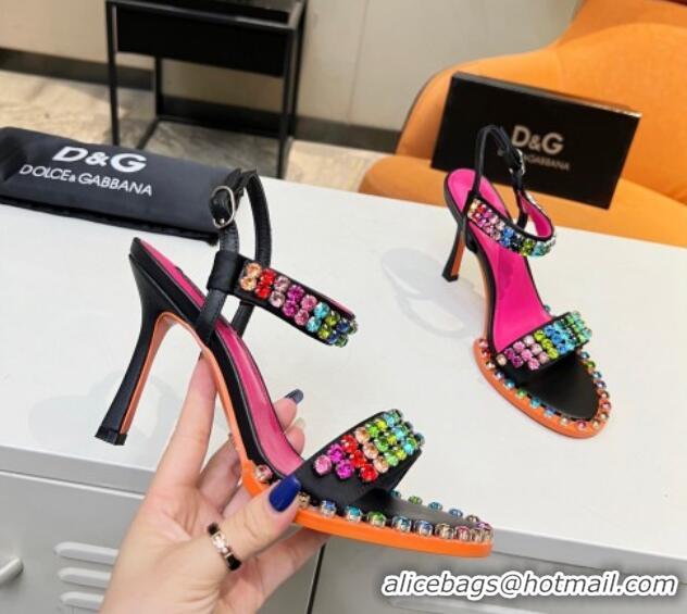 Charming Dolce & Gabbana Multicolor Crystals Sandals in Fabric and Leather Black 215089