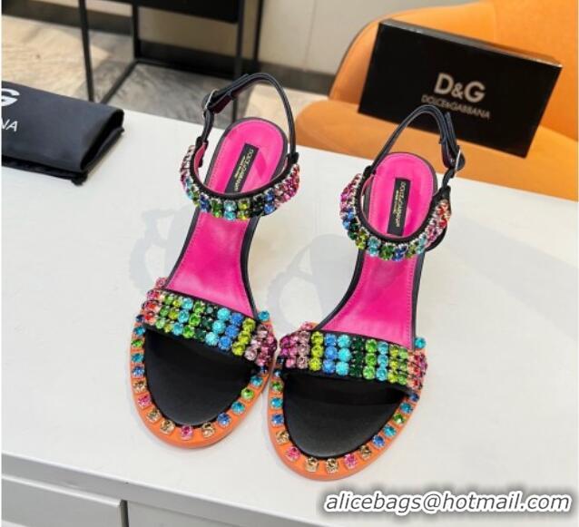 Charming Dolce & Gabbana Multicolor Crystals Sandals in Fabric and Leather Black 215089