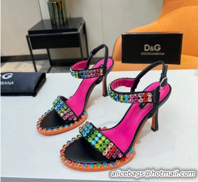 Charming Dolce & Gabbana Multicolor Crystals Sandals in Fabric and Leather Black 215089