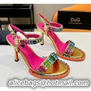 Super Quality Dolce & Gabbana Multicolor Crystals Sandals in Fabric and Leather Gold 215090