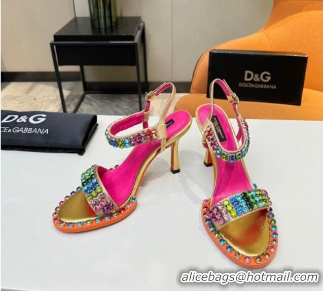 Super Quality Dolce & Gabbana Multicolor Crystals Sandals in Fabric and Leather Gold 215090