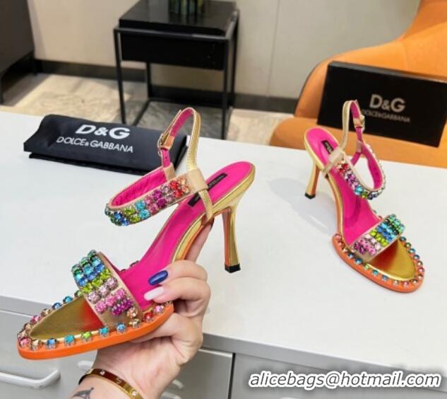 Super Quality Dolce & Gabbana Multicolor Crystals Sandals in Fabric and Leather Gold 215090