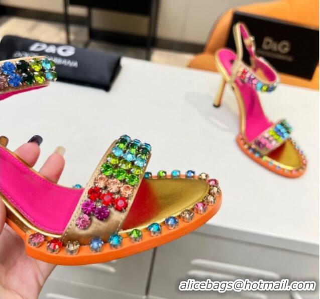 Super Quality Dolce & Gabbana Multicolor Crystals Sandals in Fabric and Leather Gold 215090