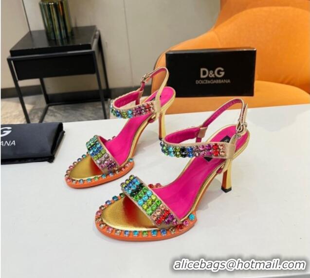 Super Quality Dolce & Gabbana Multicolor Crystals Sandals in Fabric and Leather Gold 215090