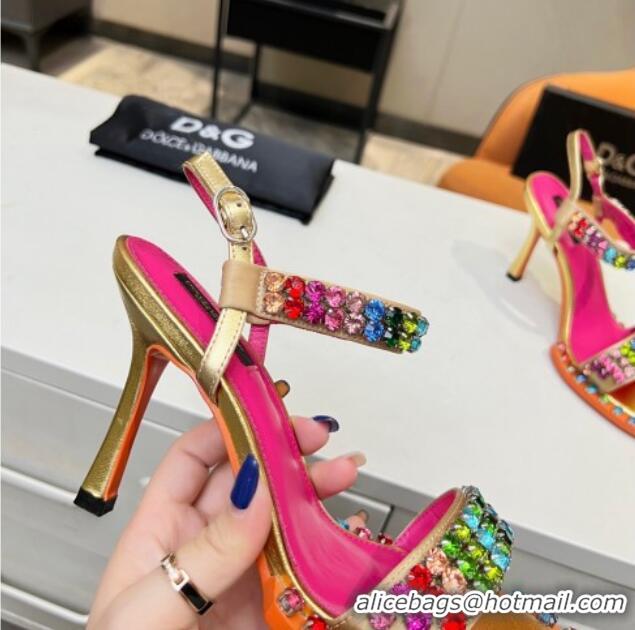 Super Quality Dolce & Gabbana Multicolor Crystals Sandals in Fabric and Leather Gold 215090