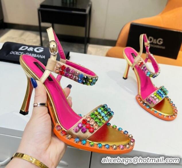 Super Quality Dolce & Gabbana Multicolor Crystals Sandals in Fabric and Leather Gold 215090