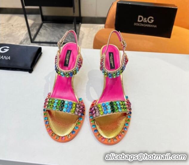 Super Quality Dolce & Gabbana Multicolor Crystals Sandals in Fabric and Leather Gold 215090