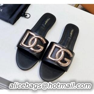 Good Quality Dolce & Gabbana Leather Flat Slide Sandals with DG Logo Black 215091