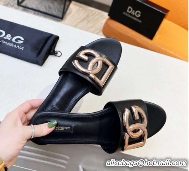 Good Quality Dolce & Gabbana Leather Flat Slide Sandals with DG Logo Black 215091